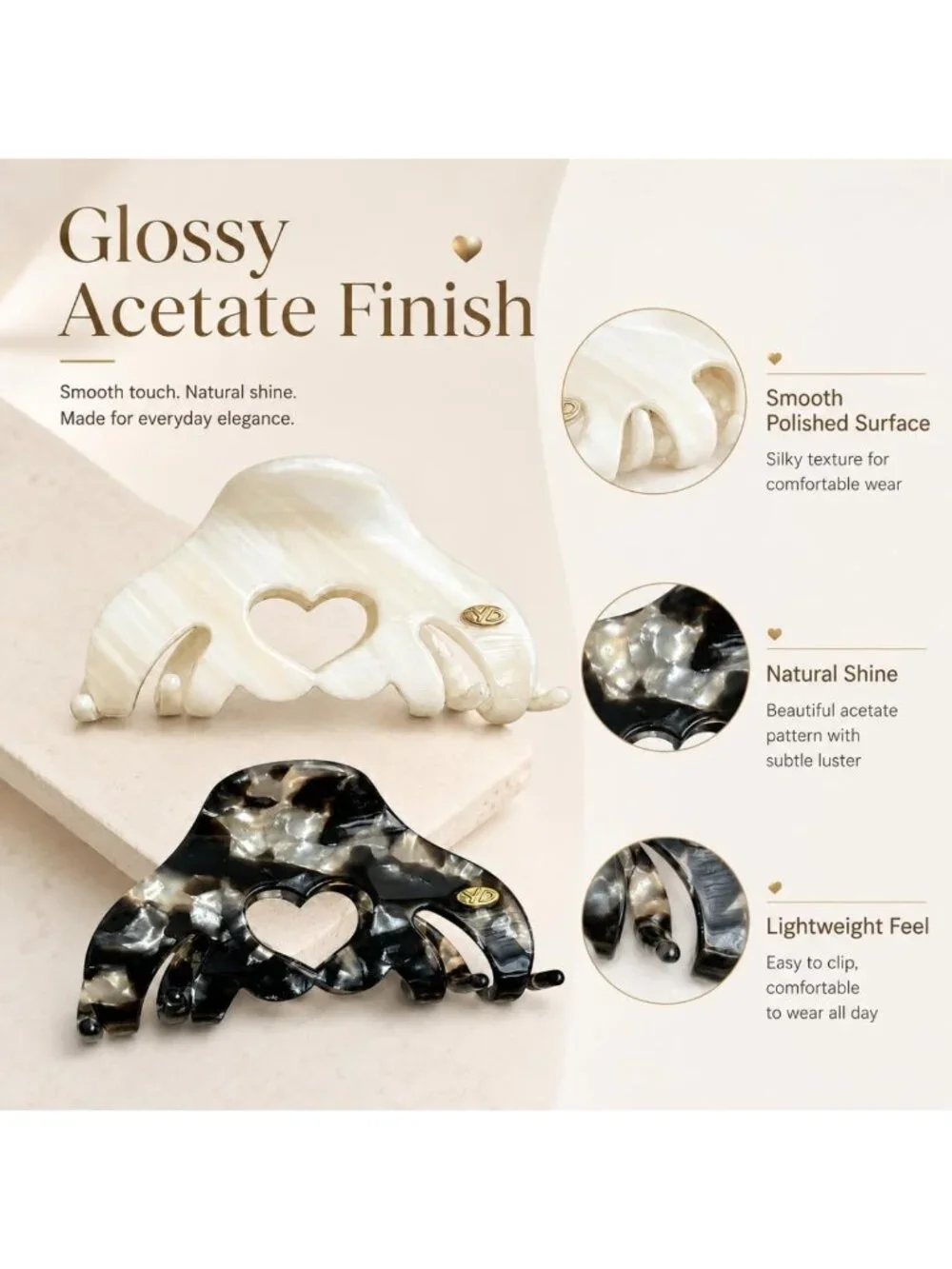 Durable Heart-Shaped Acetate Hair Clips - 2 Pack Medium Claw Clips for Updos